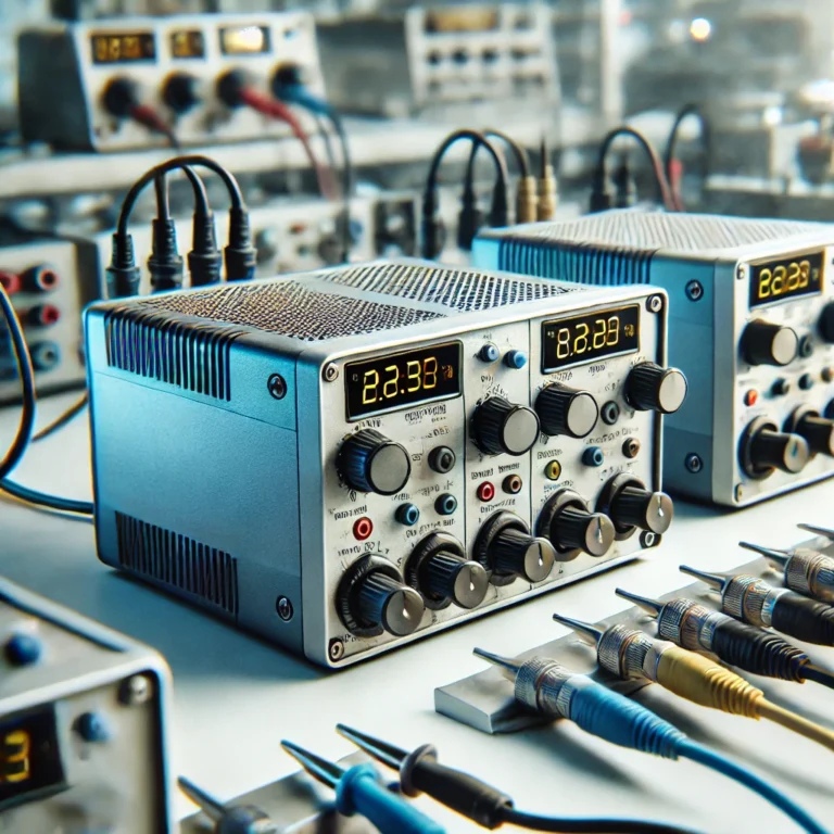 DALL·E 2024-12-10 09.56.36 - A close-up view of small power supply units commonly used in laboratories. The image features compact, bench-top power supply units with digital displ