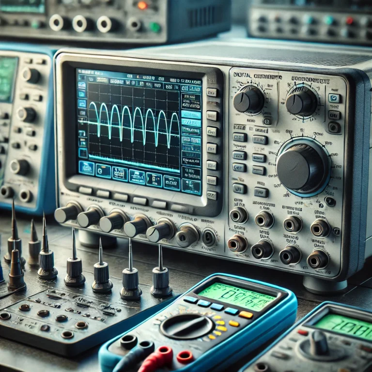 DALL·E 2024-12-10 09.59.51 - A close-up view of advanced measuring instruments including a Digital Oscilloscope, Digital Multimeter, and Pulse Generator. The image highlights the