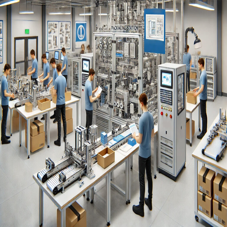 DALL·E 2025-01-08 21.31.48 - A professional training lab featuring a Packaging Station MPS D setup for hands-on industrial training. The station includes modules for packaging com