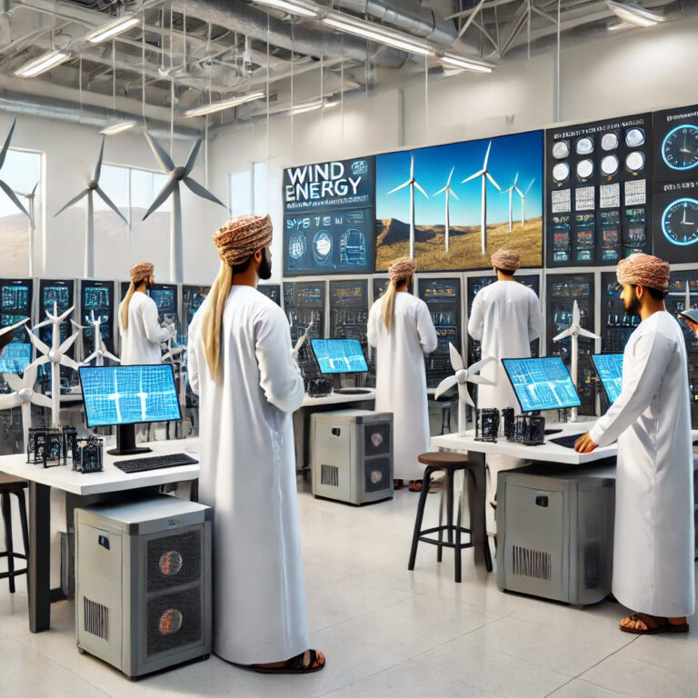 DALL·E 2025-01-08 21.50.58 - A professional Wind Energy Learning System training lab featuring multiple wind turbines, control units, inverters, and energy storage systems for han