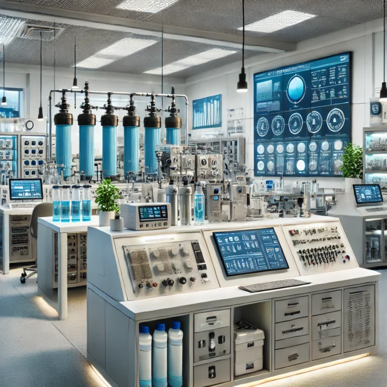 DALL·E 2025-01-09 00.17.44 - A professional training lab featuring a Water Purification Station for hands-on technical learning. The station includes components such as filtration