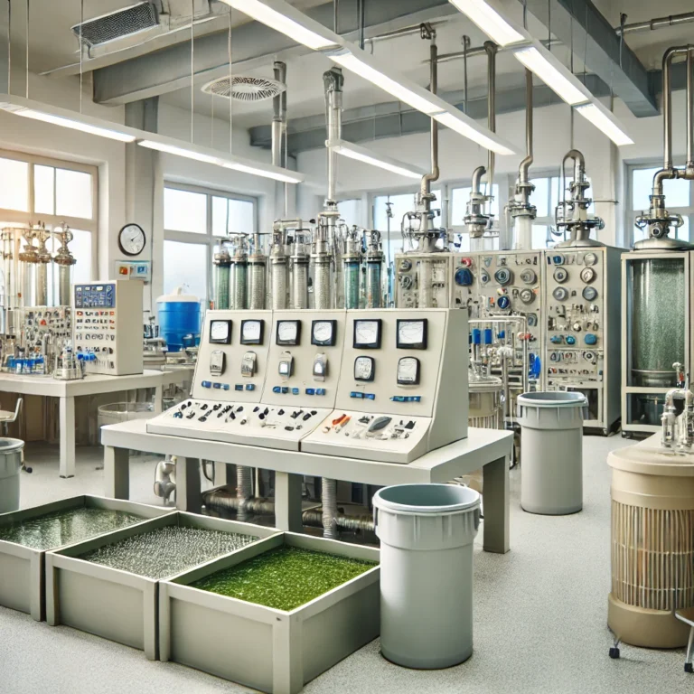 DALL·E 2025-01-09 00.22.38 - A professional sewage treatment lab featuring clean and well-organized equipment for hands-on technical learning. The setup includes filtration units,