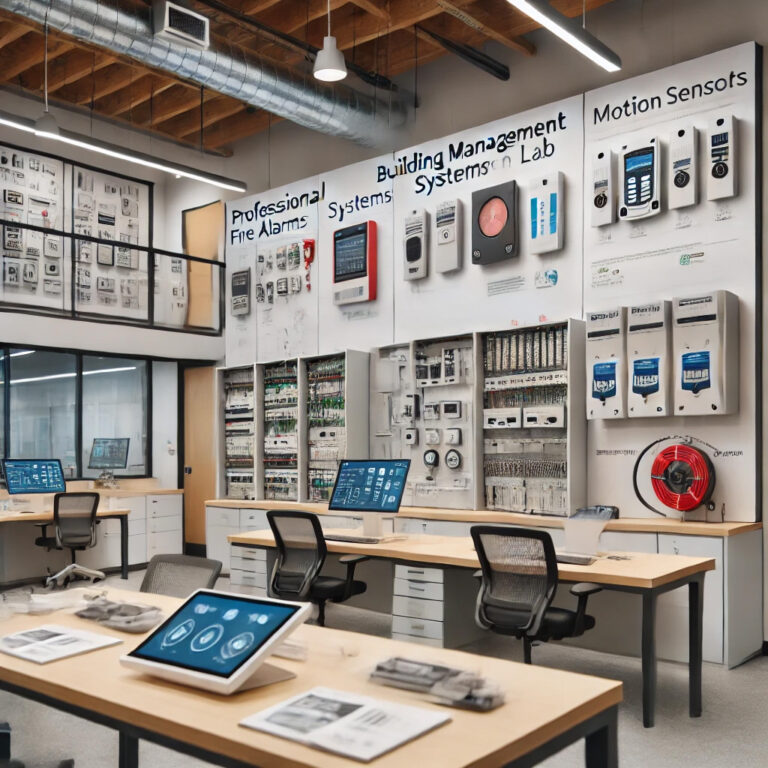 DALL·E 2025-01-09 00.28.57 - A professional building management system training lab designed to demonstrate the installation and integration of systems such as fire alarm systems_
