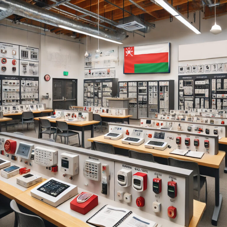 DALL·E 2025-01-09 00.32.54 - A professional training lab featuring a Conventional Fire Alarm Learning System, designed for hands-on technical education. The lab includes multiple_