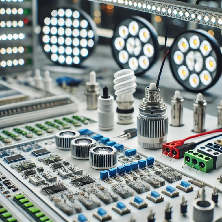 DALL·E 2025-01-09 00.41.19 - A close-up view of various LED lights in a professional training lab, focusing specifically on high-power LEDs and low-power LEDs along with their con