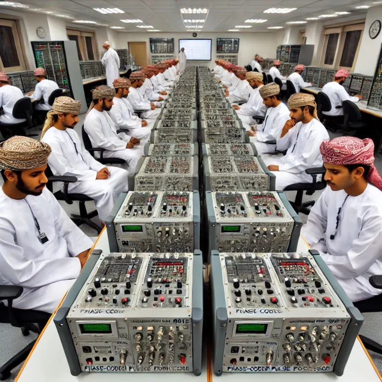 DALL·E 2025-01-17 22.06.47 - A professional training lab featuring multiple small modular units of the Phase-Coded Pulse Compression Processor 9615, arranged on desks for hands-on