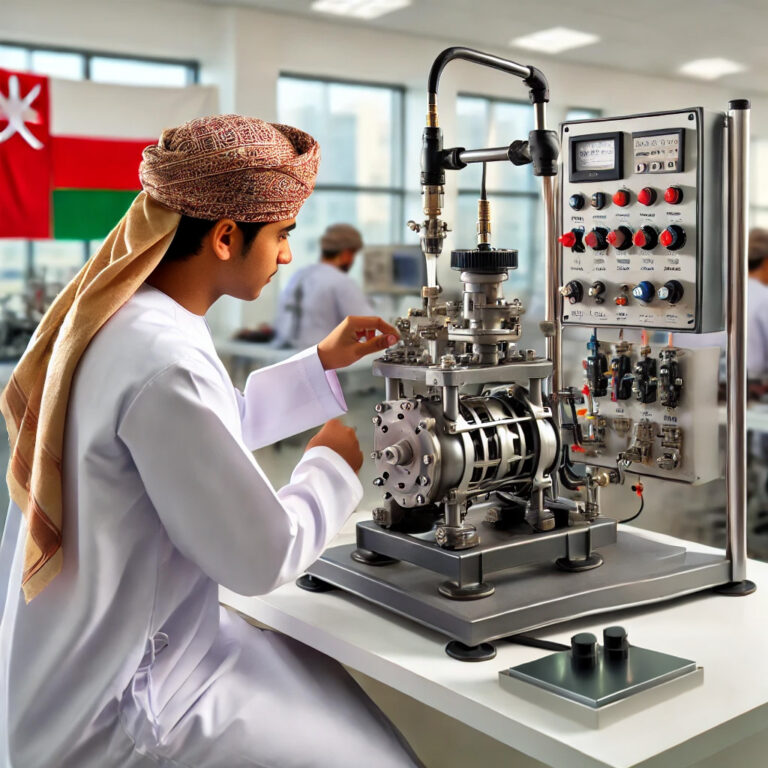 DALL·E 2025-01-17 22.24.40 - A professional training lab featuring a small pneumatic diaphragm pump unit for hands-on learning. The setup includes a compact pneumatic diaphragm pu