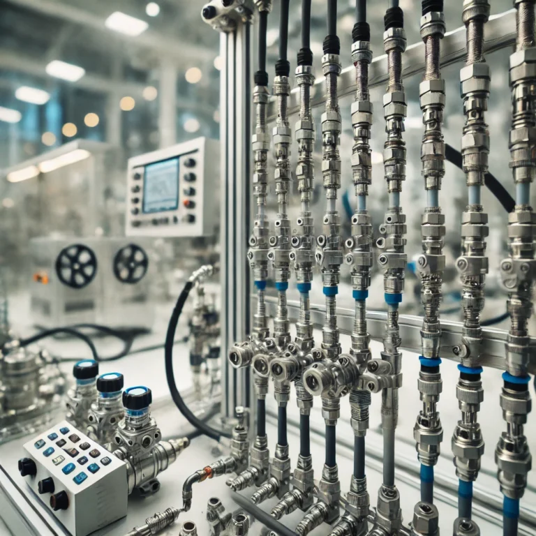 DALL·E 2025-01-17 22.40.03 - A detailed close-up view of pneumatic connection hoses in a professional training lab. The setup features a network of high-quality pneumatic hoses co