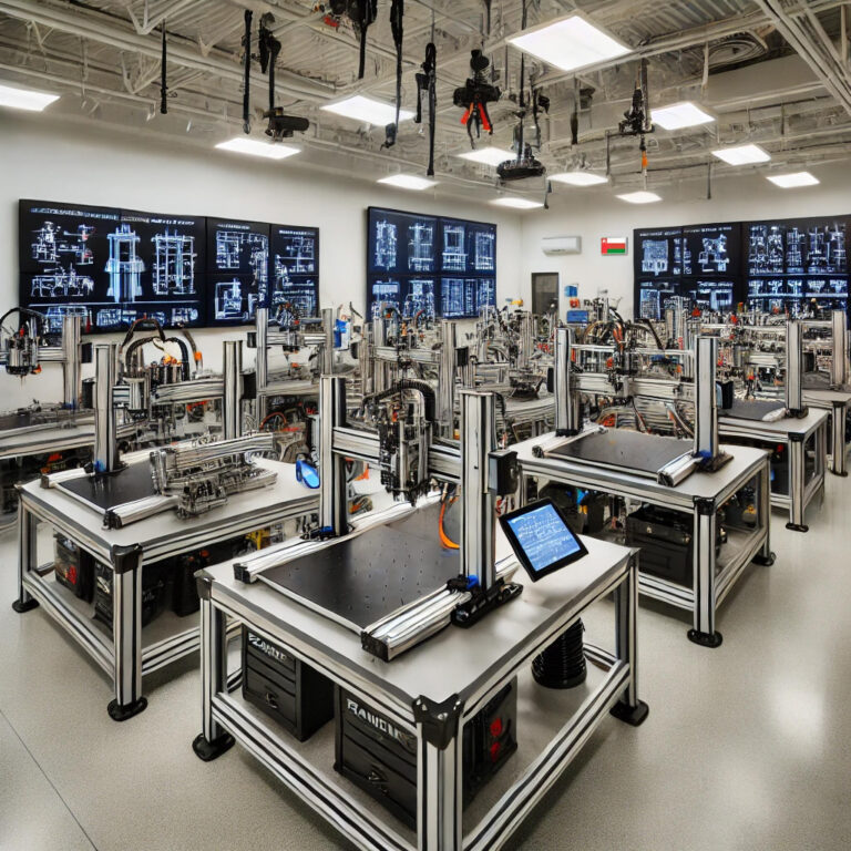 DALL·E 2025-01-17 23.21.54 - A professional training lab featuring Frameline workstation systems. The lab includes robust frame-based setups designed for team-based learning and l