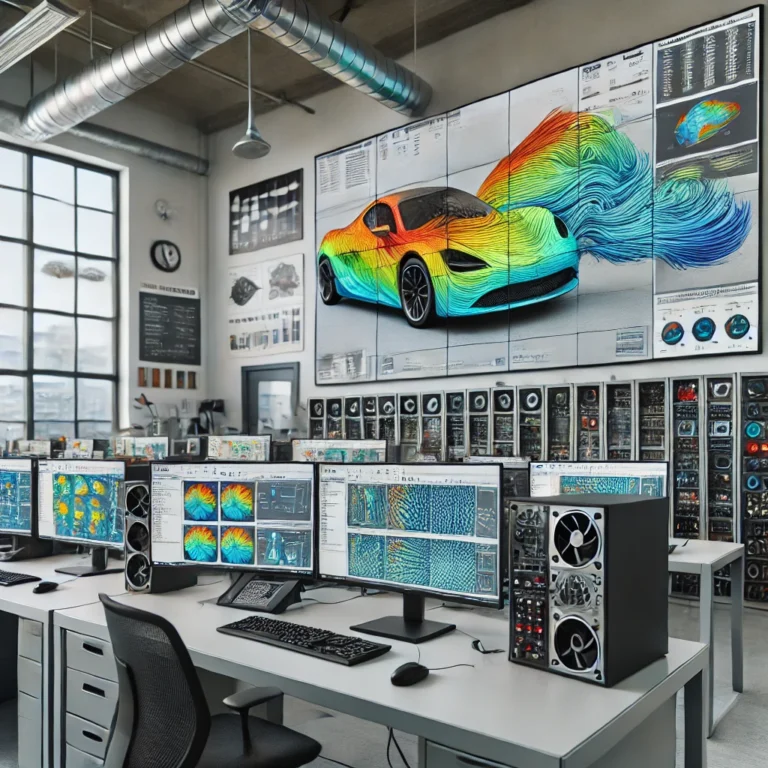 DALL·E 2025-01-17 23.35.32 - A professional training lab featuring advanced aerodynamics simulators. The setup includes high-performance computers with large screens displaying de